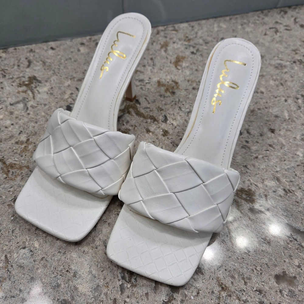 Lulus Majoran White Woven Square Toe Heeled Mules Sandals Size 9